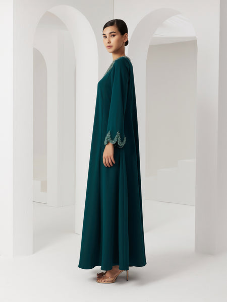 GREEN CREPE LOOSE-FIT DRESS WITH EMBROIDERY