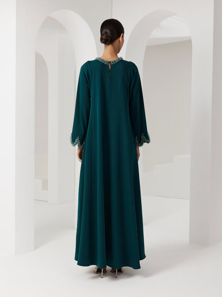 GREEN CREPE LOOSE-FIT DRESS WITH EMBROIDERY