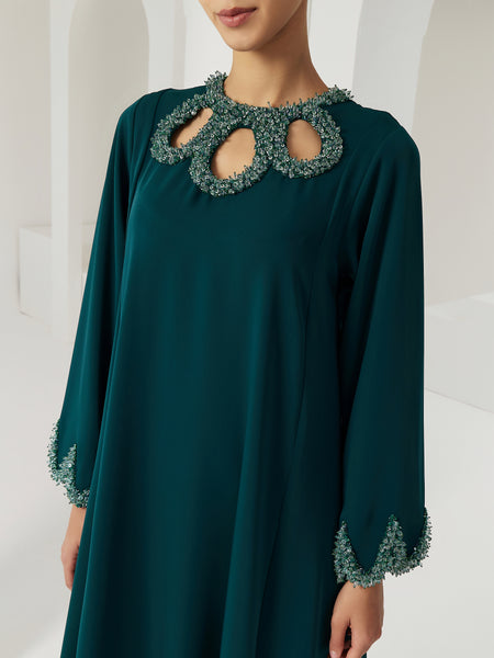 GREEN CREPE LOOSE-FIT DRESS WITH EMBROIDERY
