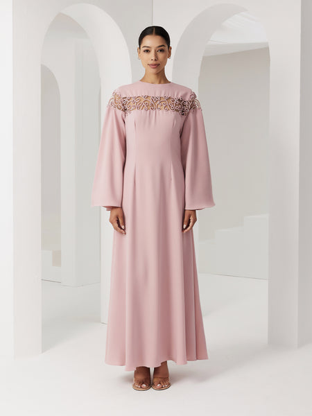 PINK CREPE SEMI-FITTED DRESS WITH PIPING EMBROIDERY