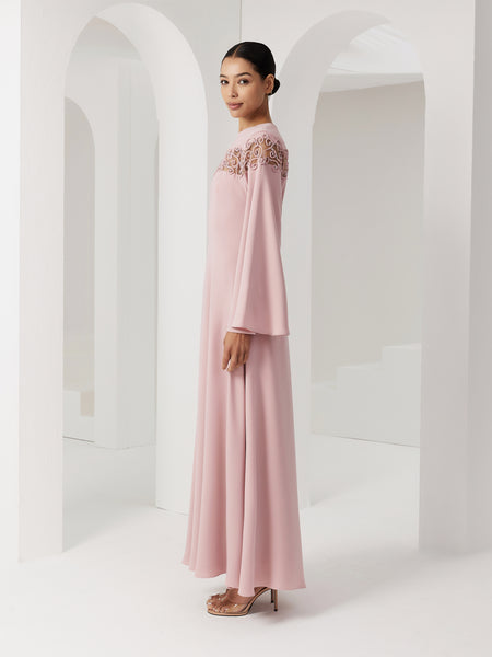 PINK CREPE SEMI-FITTED DRESS WITH PIPING EMBROIDERY