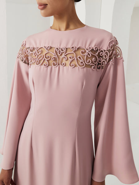PINK CREPE SEMI-FITTED DRESS WITH PIPING EMBROIDERY