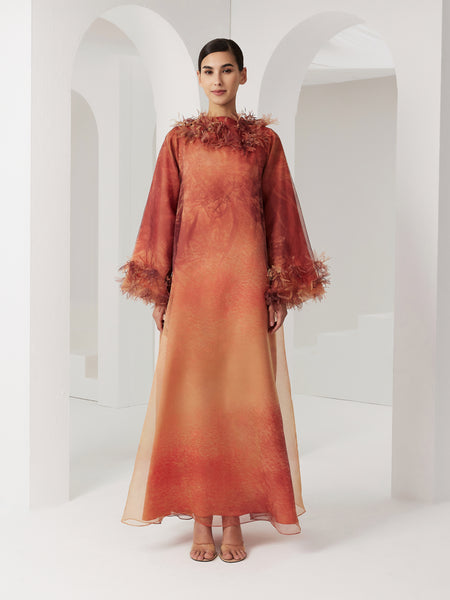 ORANGE ORGANZA PRINTED LOOSE-FIT DRESS WITH LASER CUT FLOWERS