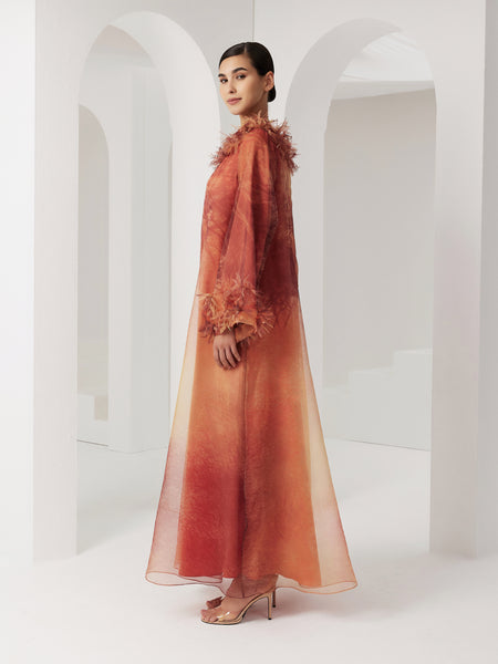 ORANGE ORGANZA PRINTED LOOSE-FIT DRESS WITH LASER CUT FLOWERS