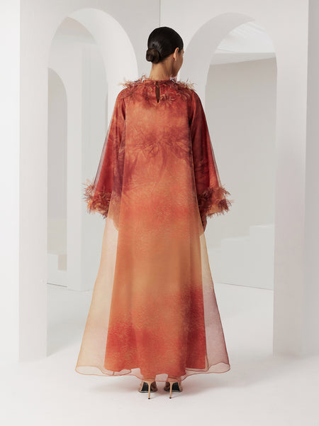 ORANGE ORGANZA PRINTED LOOSE-FIT DRESS WITH LASER CUT FLOWERS