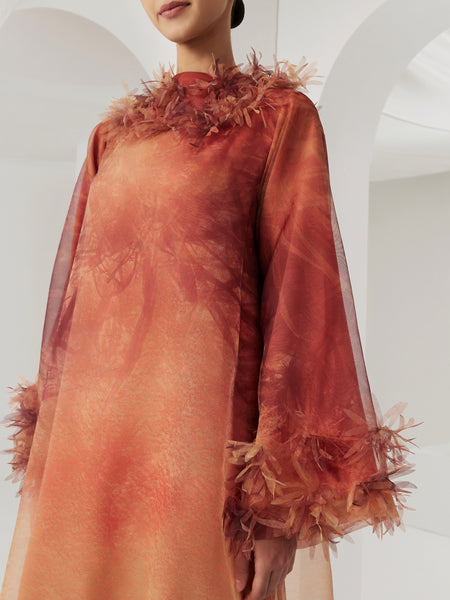 ORANGE ORGANZA PRINTED LOOSE-FIT DRESS WITH LASER CUT FLOWERS