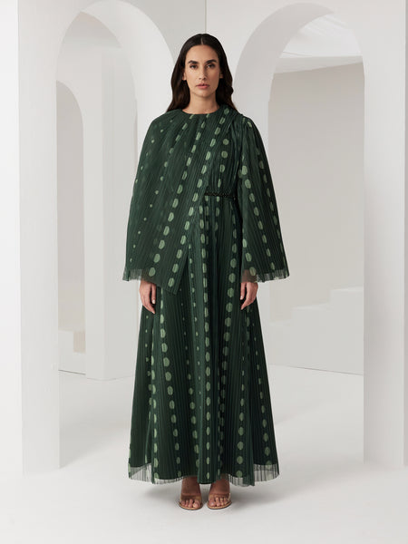 GREEN POLKA DOT PLEATED AND PRINTED SOFT TULLE DRESS WITH EMBROIDERED BELT