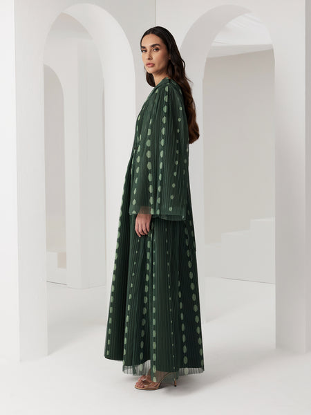 GREEN POLKA DOT PLEATED AND PRINTED SOFT TULLE DRESS WITH EMBROIDERED BELT
