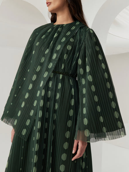 GREEN POLKA DOT PLEATED AND PRINTED SOFT TULLE DRESS WITH EMBROIDERED BELT