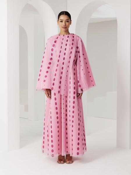 LIGHT PINK POLKA DOT PLEATED AND PRINTED SOFT TULLE DRESS WITH EMBROIDERED BELT