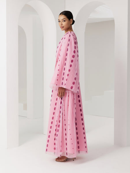 LIGHT PINK POLKA DOT PLEATED AND PRINTED SOFT TULLE DRESS WITH EMBROIDERED BELT