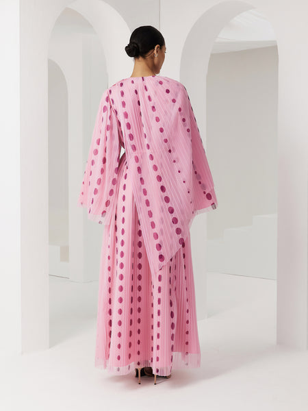 LIGHT PINK POLKA DOT PLEATED AND PRINTED SOFT TULLE DRESS WITH EMBROIDERED BELT