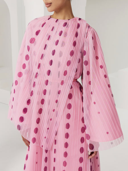 LIGHT PINK POLKA DOT PLEATED AND PRINTED SOFT TULLE DRESS WITH EMBROIDERED BELT