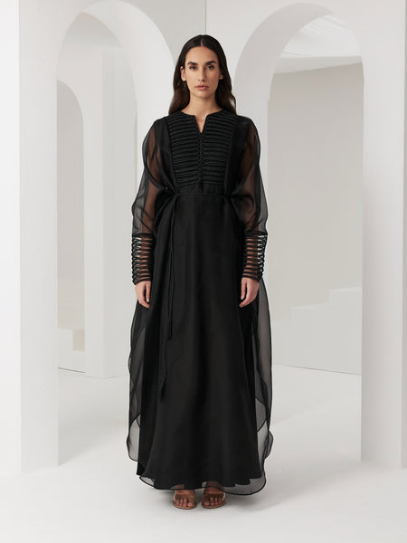 BLACK ORGANZA OVERLAY LOOSE-FIT DRESS WITH PIPING EMBROIDERY AND BELT