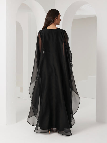 BLACK ORGANZA OVERLAY LOOSE-FIT DRESS WITH PIPING EMBROIDERY AND BELT