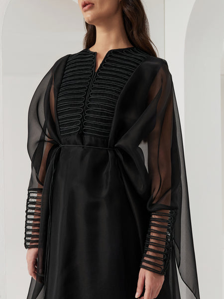 BLACK ORGANZA OVERLAY LOOSE-FIT DRESS WITH PIPING EMBROIDERY AND BELT