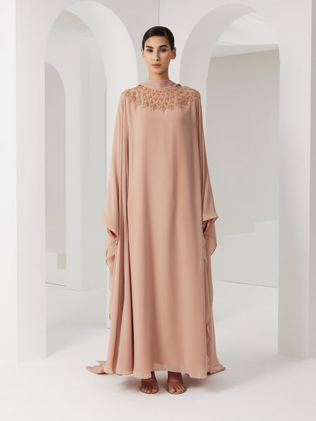 DUSTY PINK CHIFFON LOOSE-FIT DRESS WITH EMBROIDERY