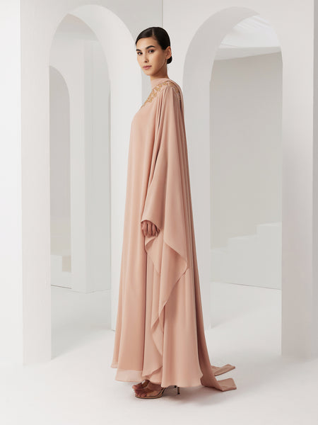 DUSTY PINK CHIFFON LOOSE-FIT DRESS WITH EMBROIDERY