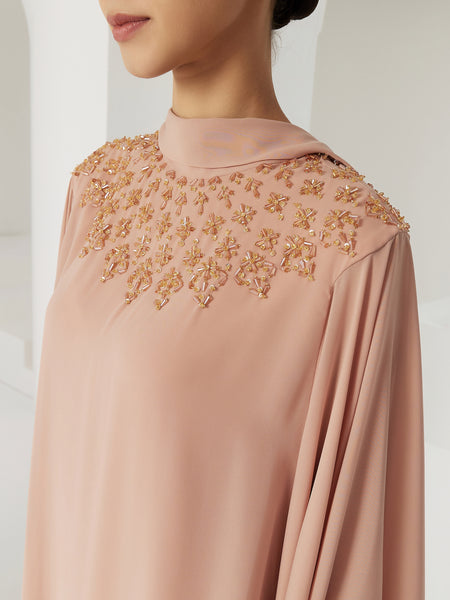 DUSTY PINK CHIFFON LOOSE-FIT DRESS WITH EMBROIDERY