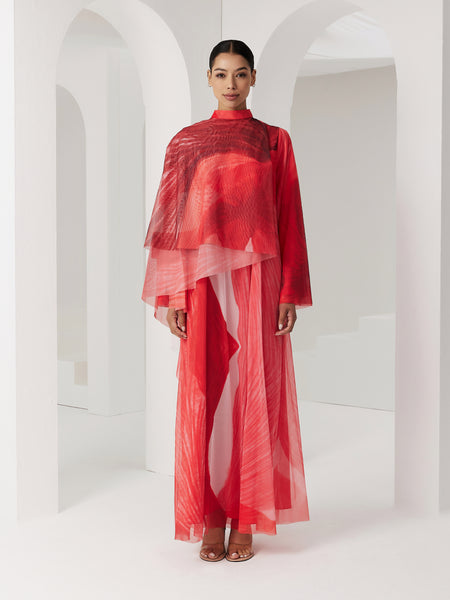 RED MULTICOLOR SOFT TULLE DRAPED LOOSE-FIT DRESS