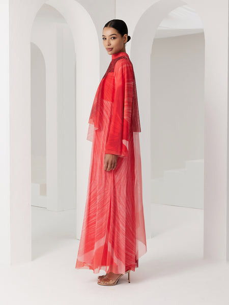 RED MULTICOLOR SOFT TULLE DRAPED LOOSE-FIT DRESS