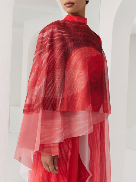 RED MULTICOLOR SOFT TULLE DRAPED LOOSE-FIT DRESS