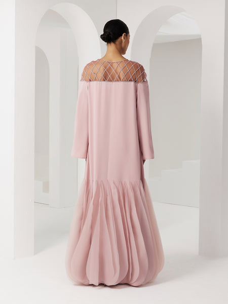 PINK LOOSE-FIT CREPE DRESS WITH ORGANZA PANELLED FLARE AND EMBROIDERY