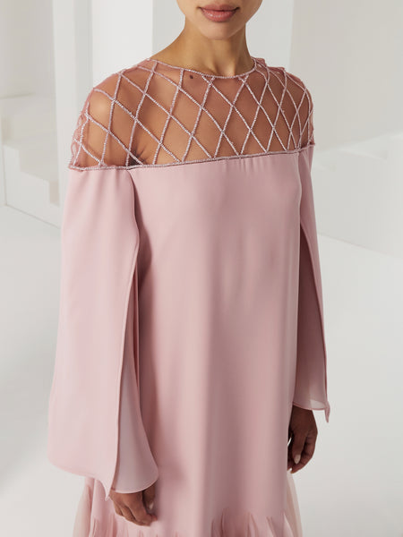 PINK LOOSE-FIT CREPE DRESS WITH ORGANZA PANELLED FLARE AND EMBROIDERY