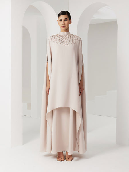 LIGHT CREAM LOOSE-FIT CREPE DRESS WITH PIPING EMBROIDERY