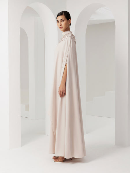 LIGHT CREAM LOOSE-FIT CREPE DRESS WITH PIPING EMBROIDERY