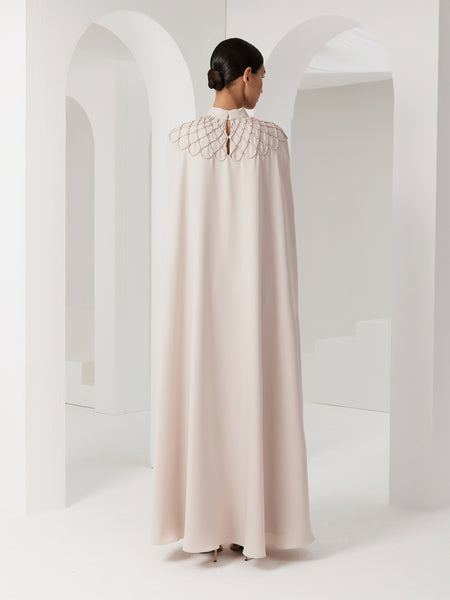 LIGHT CREAM LOOSE-FIT CREPE DRESS WITH PIPING EMBROIDERY