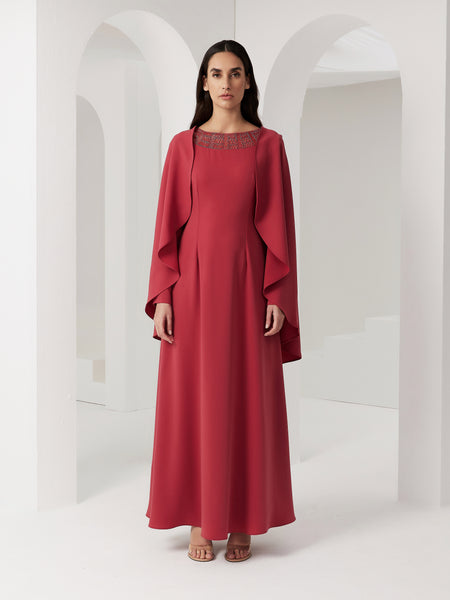 DARK PINK CREPE EMBROIDERED SEMI-FIT DRESS WITH SHORT CAPE