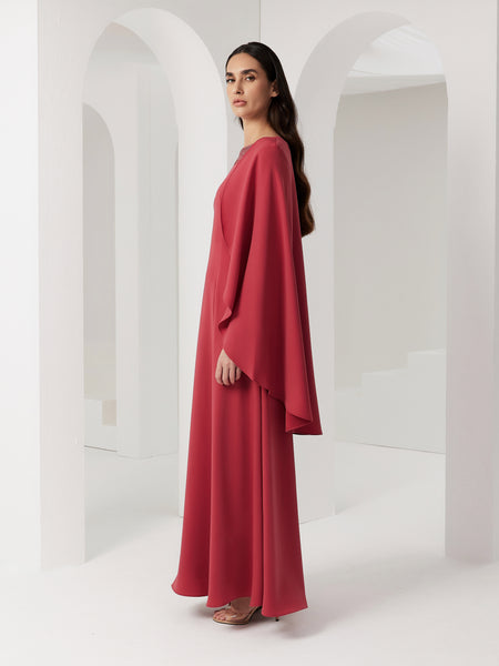 DARK PINK CREPE EMBROIDERED SEMI-FIT DRESS WITH SHORT CAPE