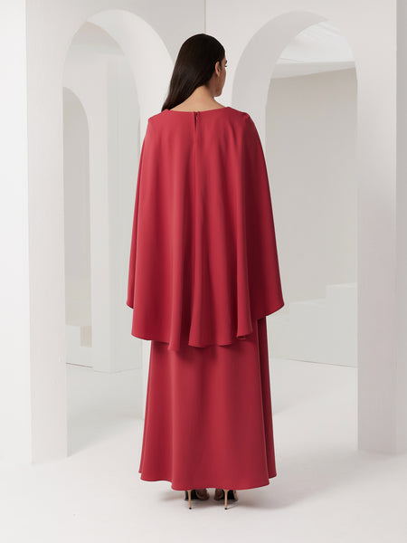 DARK PINK CREPE EMBROIDERED SEMI-FIT DRESS WITH SHORT CAPE