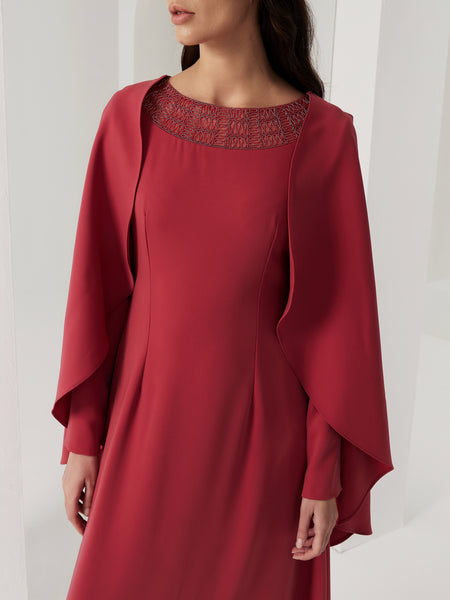 DARK PINK CREPE EMBROIDERED SEMI-FIT DRESS WITH SHORT CAPE