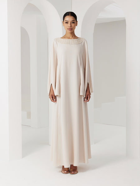 OFF WHITE CREPE EMBROIDERED LOOSE-FIT DRESS WITH CUFF DETAIL