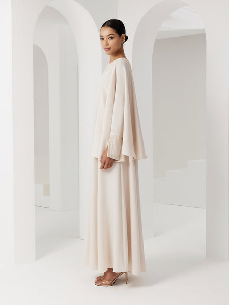 OFF WHITE CREPE EMBROIDERED LOOSE-FIT DRESS WITH CUFF DETAIL