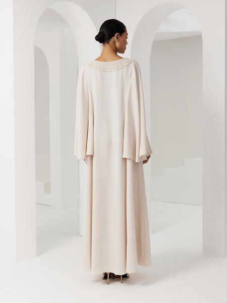 OFF WHITE CREPE EMBROIDERED LOOSE-FIT DRESS WITH CUFF DETAIL