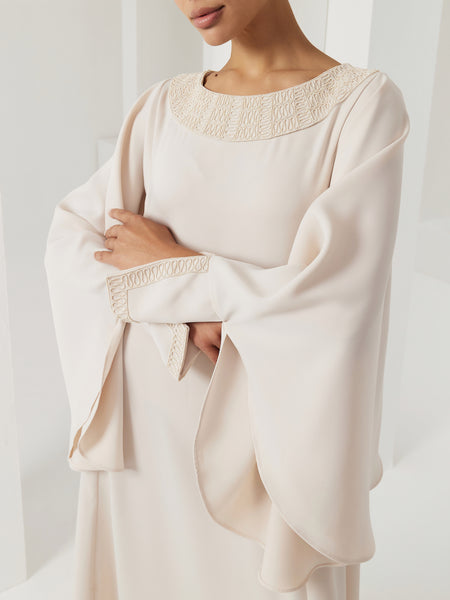 OFF WHITE CREPE EMBROIDERED LOOSE-FIT DRESS WITH CUFF DETAIL
