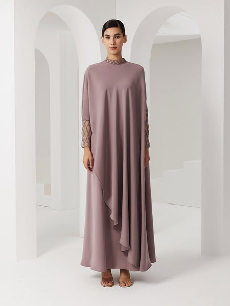 MAUVE CREPE LOOSE-FIT DRESS WITH PIPING EMBROIDERY