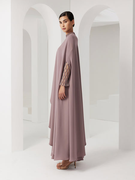 MAUVE CREPE LOOSE-FIT DRESS WITH PIPING EMBROIDERY