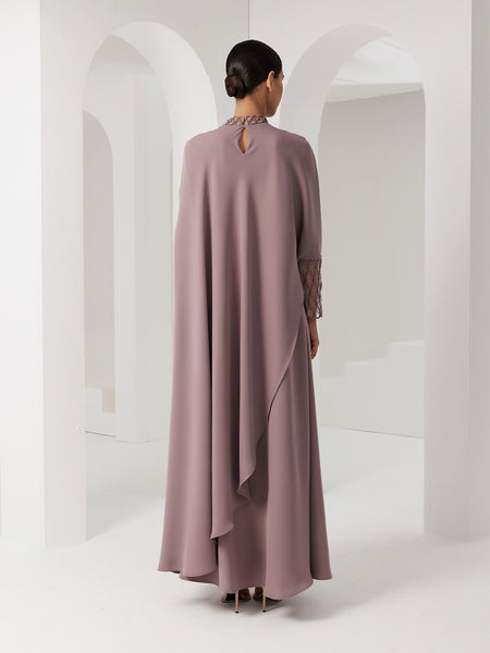 MAUVE CREPE LOOSE-FIT DRESS WITH PIPING EMBROIDERY