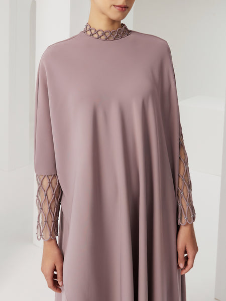 MAUVE CREPE LOOSE-FIT DRESS WITH PIPING EMBROIDERY