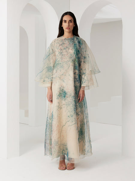 PRINTED ORGANZA AND SATIN DRAPED LOOSE-FIT DRESS