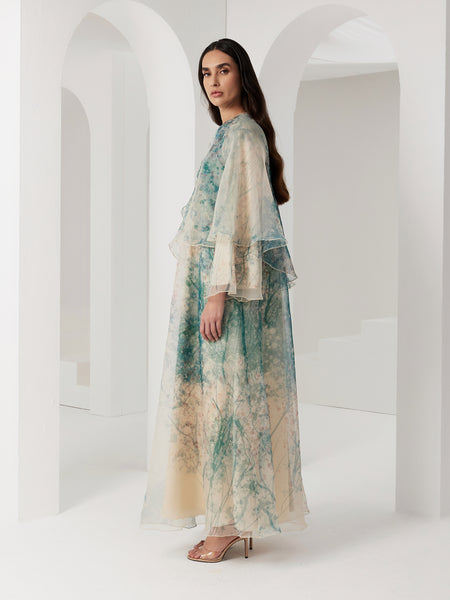 PRINTED ORGANZA AND SATIN DRAPED LOOSE-FIT DRESS