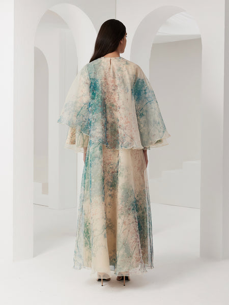 PRINTED ORGANZA AND SATIN DRAPED LOOSE-FIT DRESS