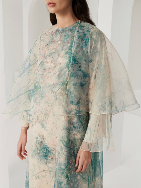 PRINTED ORGANZA AND SATIN DRAPED LOOSE-FIT DRESS