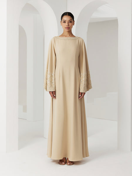 BEIGE CREPE SEMI-FITTED DRESS WITH EMBROIDERY
