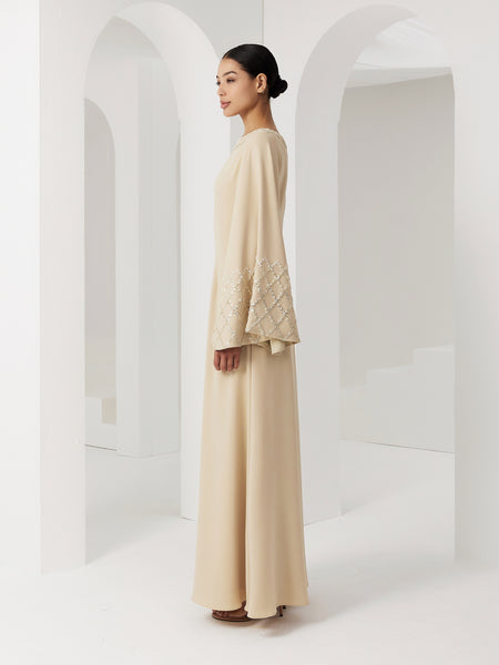 BEIGE CREPE SEMI-FITTED DRESS WITH EMBROIDERY