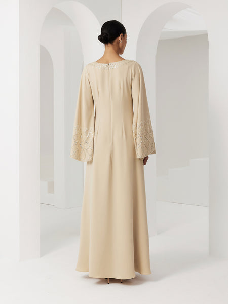 BEIGE CREPE SEMI-FITTED DRESS WITH EMBROIDERY